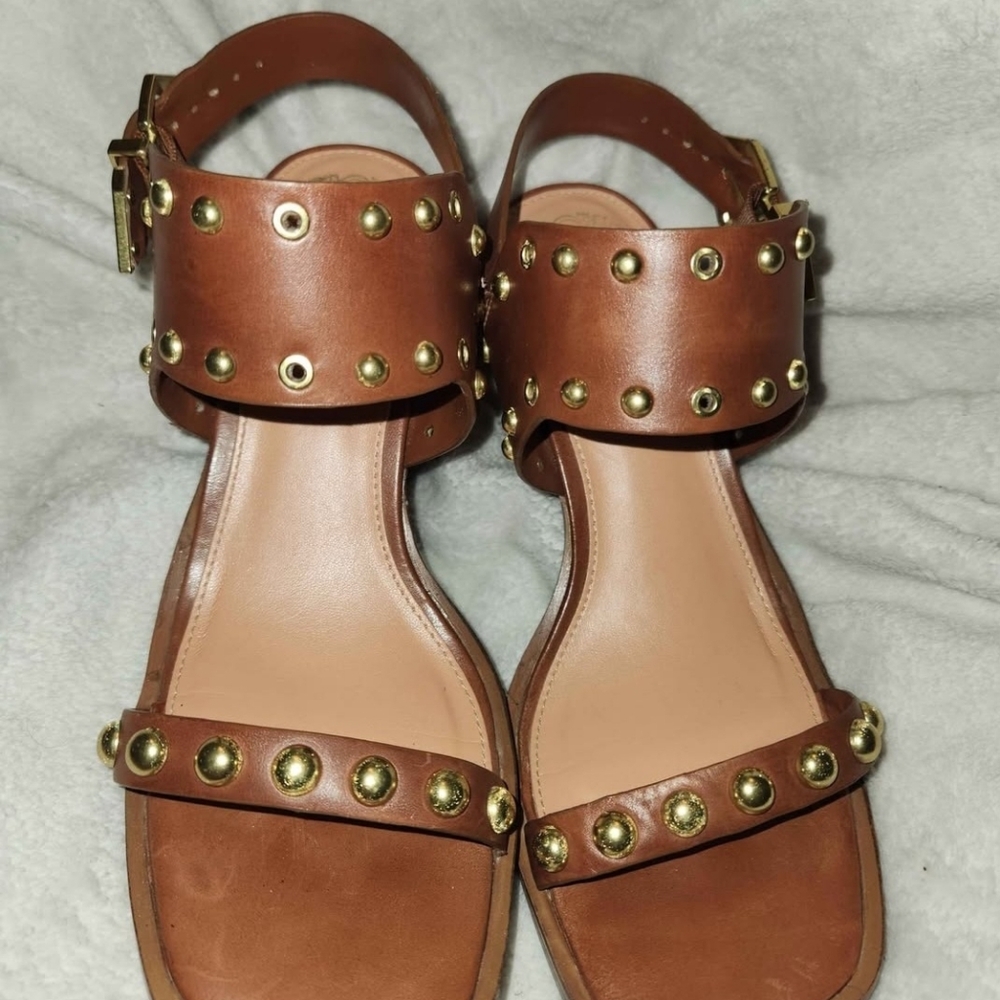 7.5 Vince Camuto Brown Leather Sandal Heels, Gold Buckle,OpenToe,Straps,Designer - Picture 6 of 9